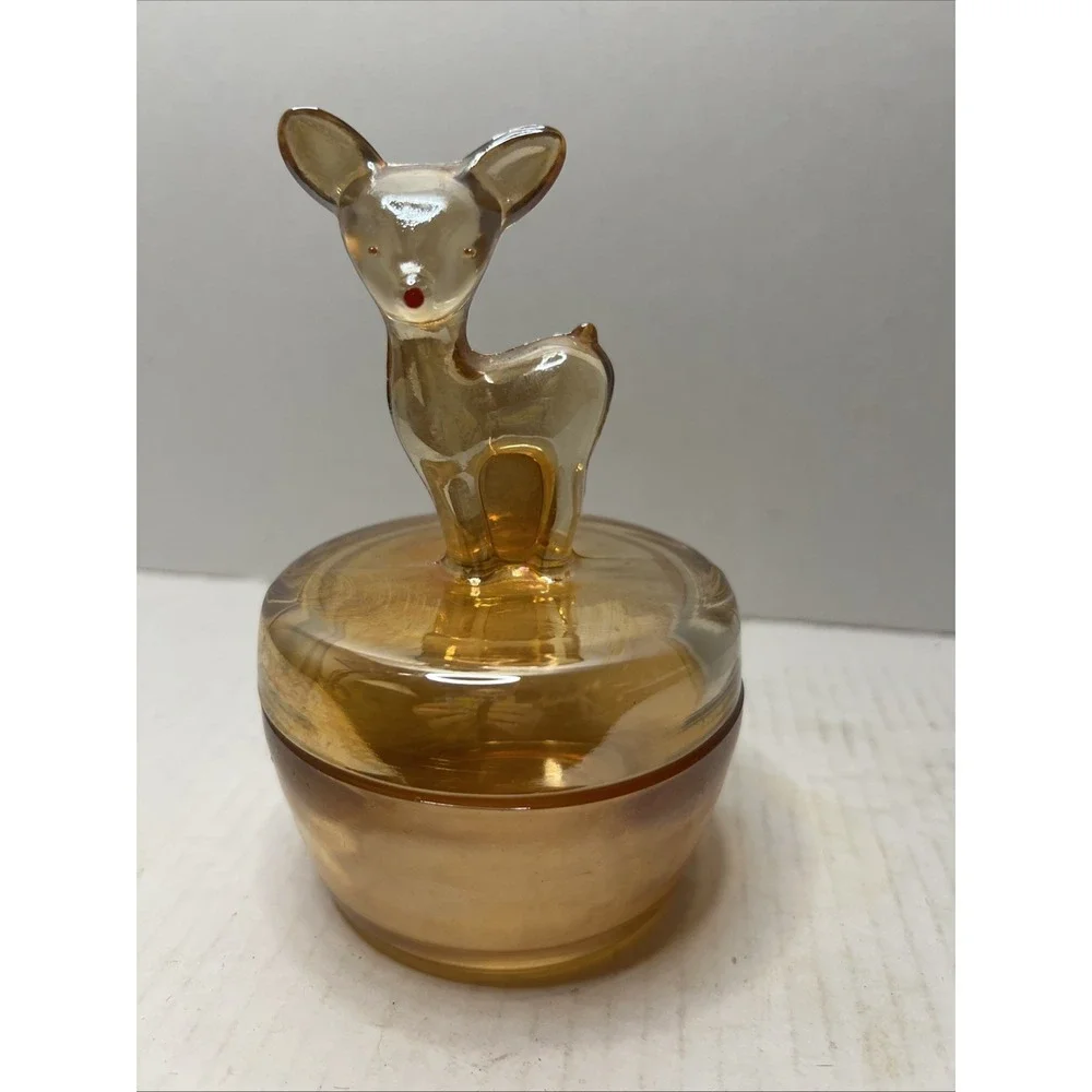 Vintage Jeanette Marigold Carnival Glass Fawn Deer Rudolph Covered Powder Jar